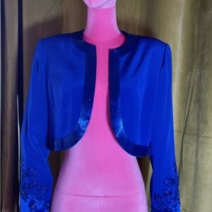Jovani Cobalt Blue Blazer with Sequin Trim